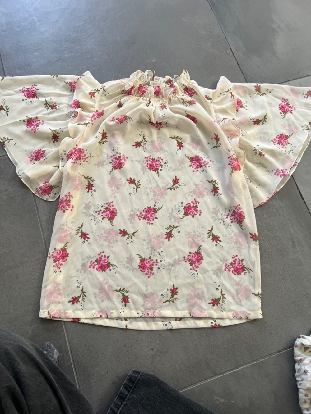 Maje Cream Floral Off-Shoulder Blouse with Pink Rose Print